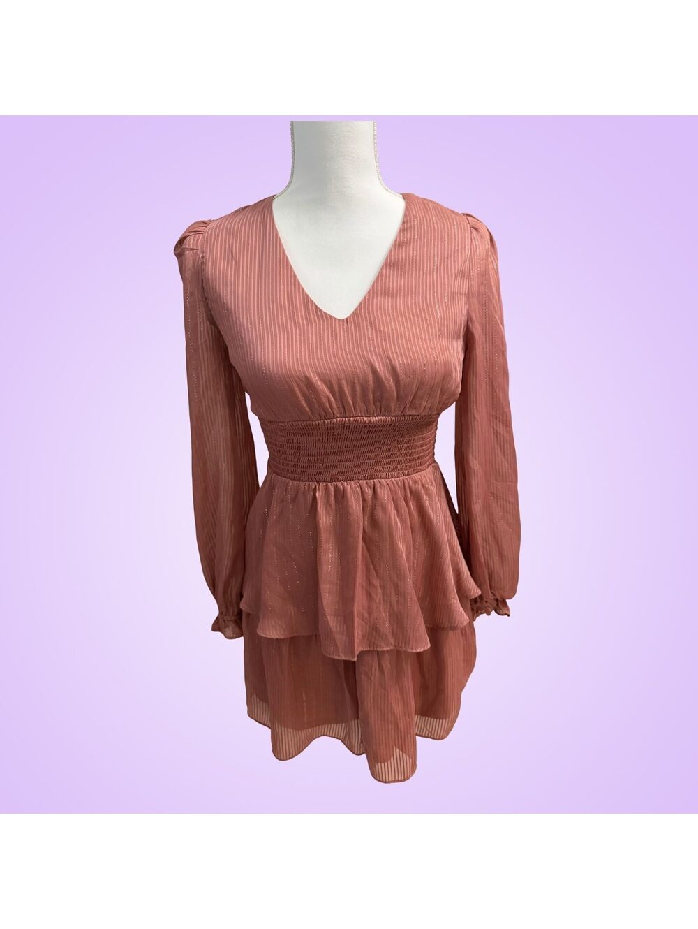 Altar’d State Mauve Striped Smocked Tiered Long Sleeve Mini Dress XS